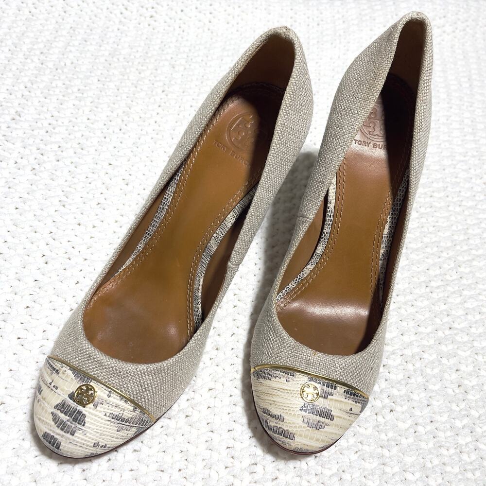 Tory Burch SZ 7 Beige Canvas Block Heel - Picture 2 of 10